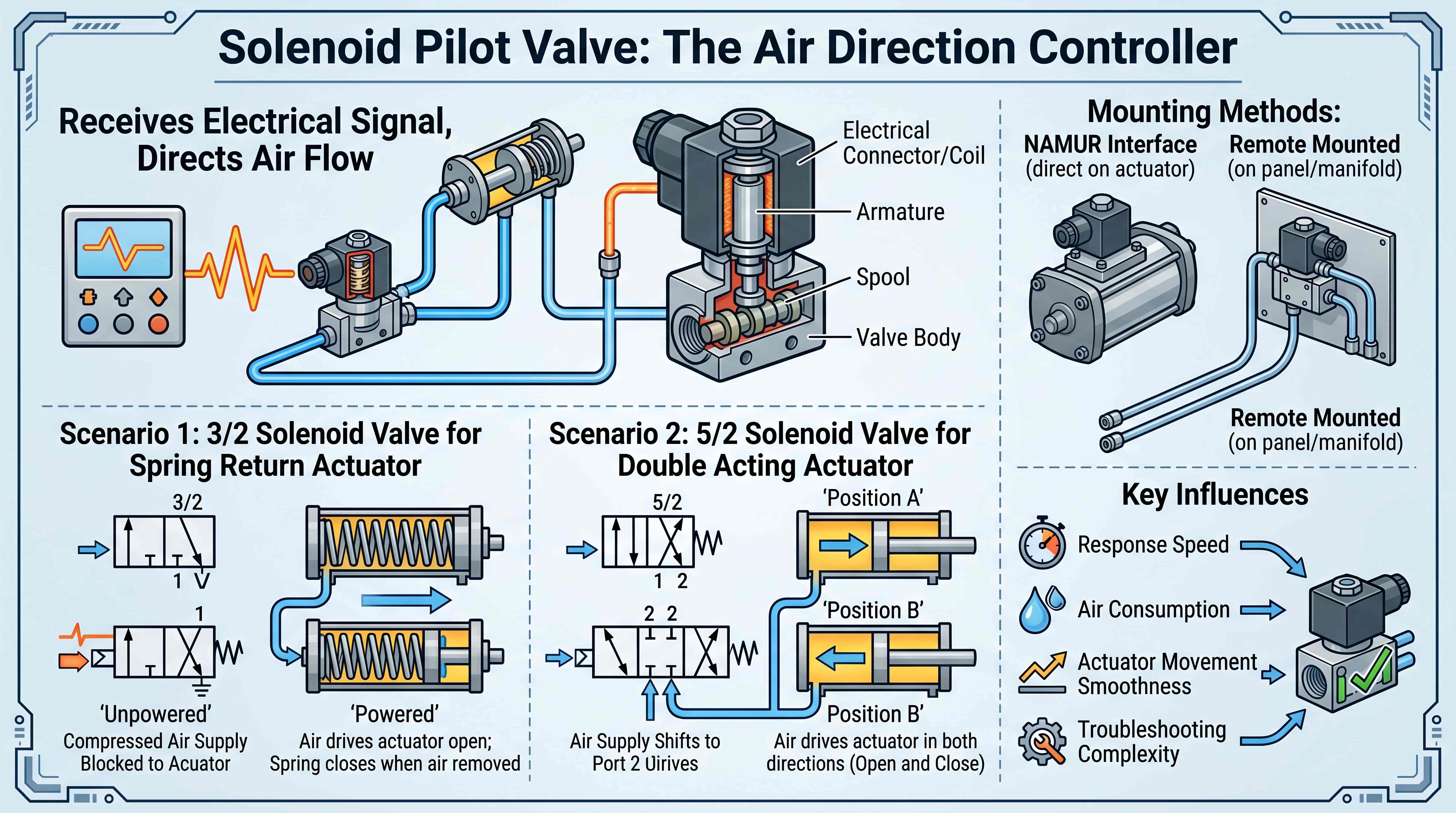 Solenoid pilot valve diagram showing air direction control for spring return and double acting pneumatic actuators